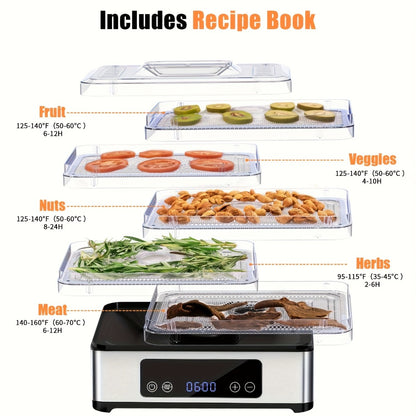 Food Dehydrator Machine 5 Stainless Steel Trays 420W with 48-Hour Timer Temperature Control 95-160°F 360° Airflow BPA-Free Dehydrator for Jerky Herbs Meat Fruit Mushrooms with Recipe Book