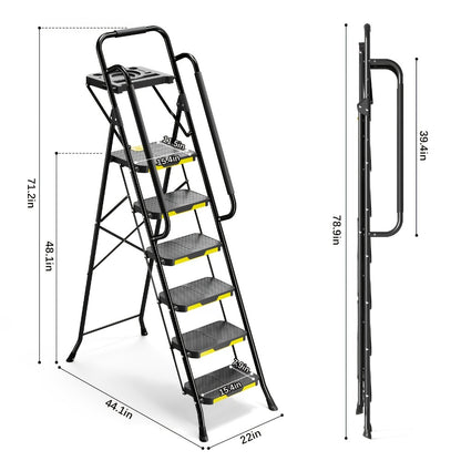 6 Step Ladder with Handrails & Tool Platform 800 LBS – Folding Step Stool Wide Pedal Steel Safety Ladder for Adults, Painting, Home, Garage & Outdoor Use – Auto Safety Lock, Compact Storage