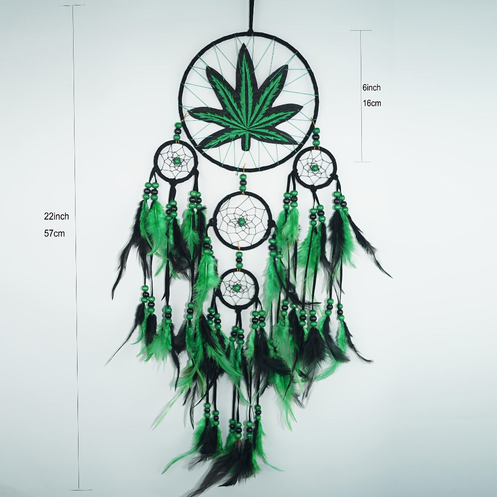Bohemian Dream Catcher with Feathers & Leaf Embroidery – Boho Wall Hanging Decor for Bedroom, Bedside, Cabin & Living Room – Handcrafted Woven Dreamcatcher Gift for Women and Men