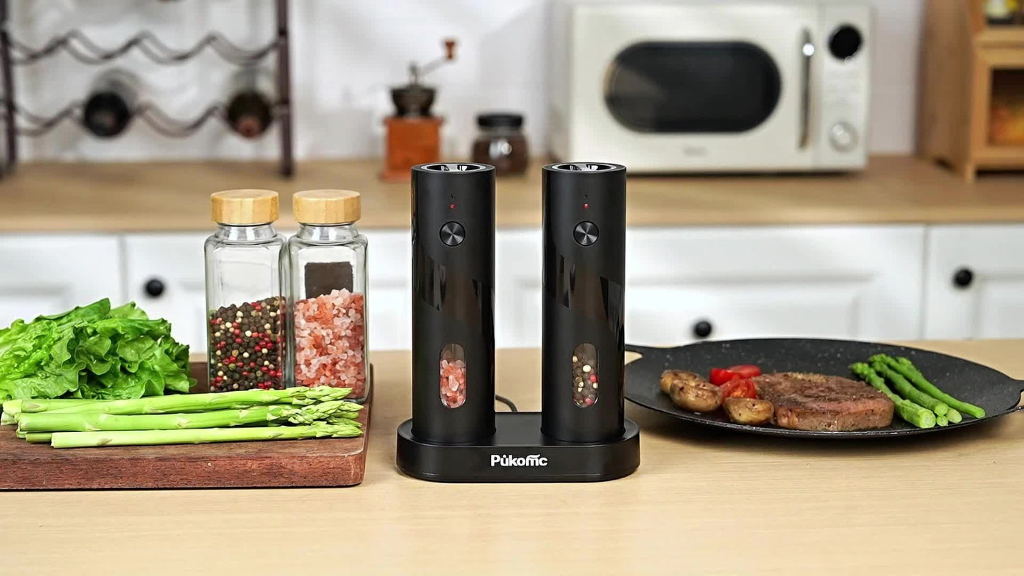 Electric Pepper Grinder Set of 2, Rechargeable with Charging Base, 6 Adjustable Coarseness Settings, Built-in LED Light & ABS Motor — Salt & Pepper Mill for Peppercorns & Spices, Brush Included