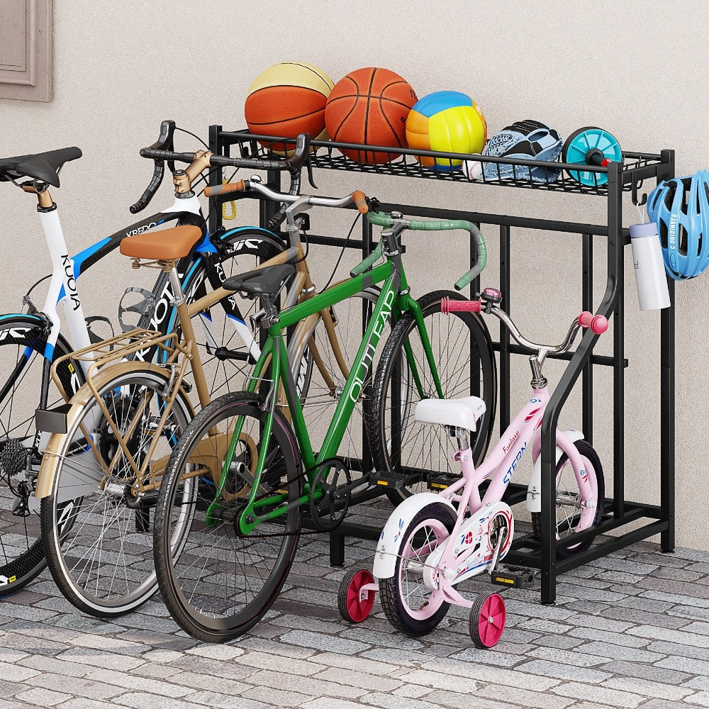 Freestanding Bike Storage Stand with Basket & Hooks – Adjustable Floor Rack for 3-4 Bikes, Indoor Outdoor Garage Organizer