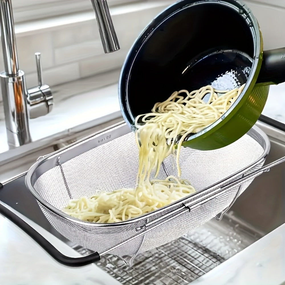 Expandable Sink Colander Stainless Steel – Over the Sink Strainer Basket with Fine Mesh & Rubber Grip, Adjustable Kitchen Drain Strainer for Vegetables, Fruits & Pasta, Small & Large Size