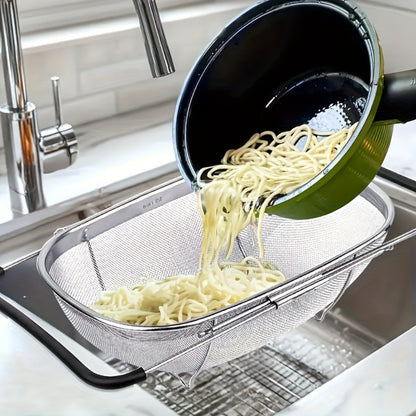 Expandable Sink Colander Stainless Steel – Over the Sink Strainer Basket with Fine Mesh & Rubber Grip, Adjustable Kitchen Drain Strainer for Vegetables, Fruits & Pasta, Small & Large Size