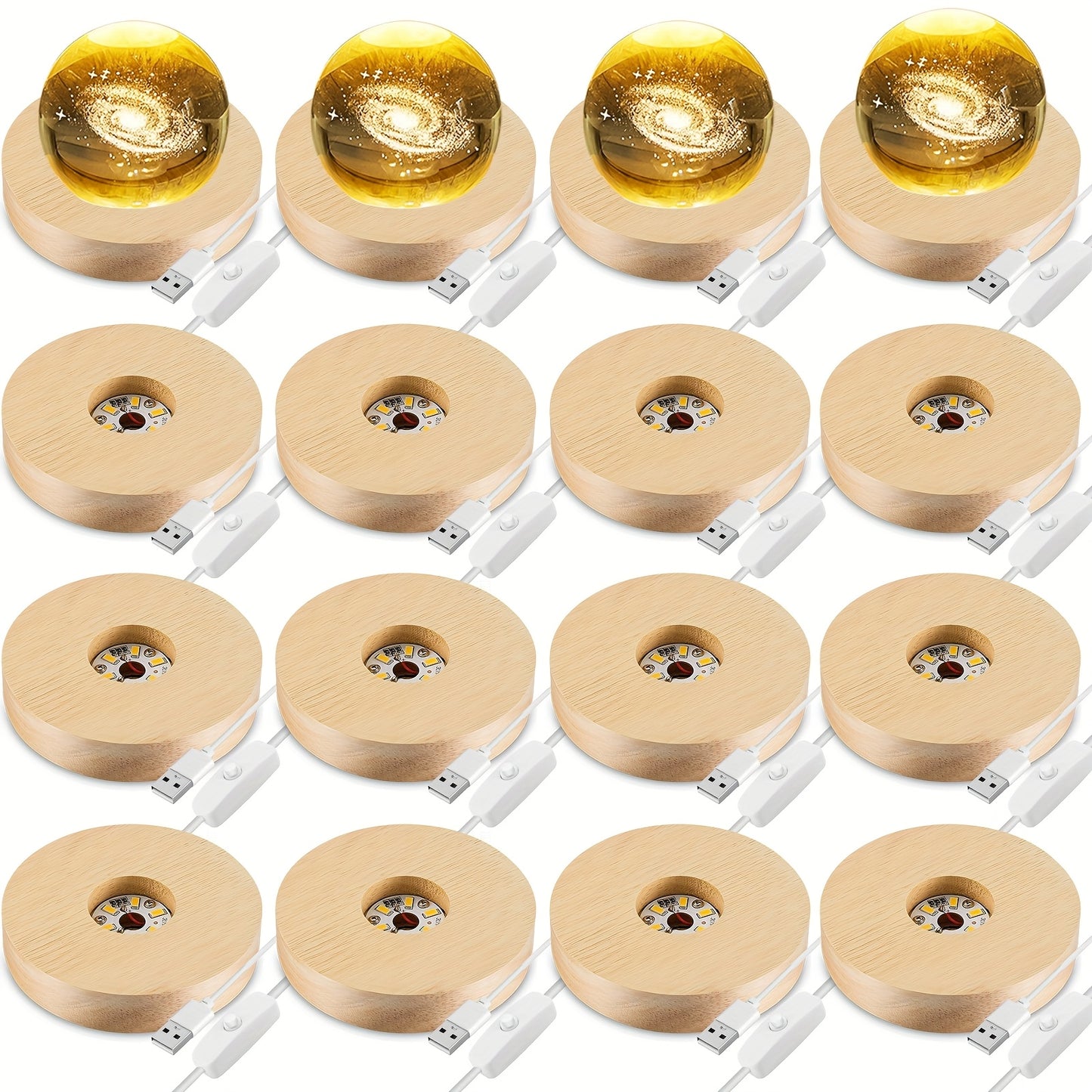 LED Light Base Wooden Display Stand 16 Pack USB Powered Warm White Light Base for 3D Crystal Glass Resin Art Trophy Figurine Night Light Display Pedestal Party Favor Gift Wood Color
