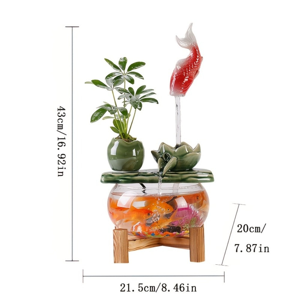 USB Desktop Fish Waterfall Fountain with Glass Bowl – Relaxing Indoor Water Feature Tabletop Decor Zen Fountain Gift