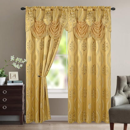 Blackout Curtains 2 Panels 54x84 Inch | Jacquard Room Darkening Rod Pocket Curtain Set with Attached Waterfall Valance | Machine Washable Window Drapes for Living Room Bedroom Home Office Study