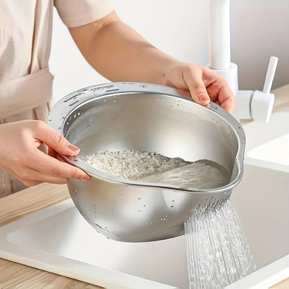 Stainless Steel Kitchen Colander with Handle - Multipurpose Rice Strainer Mesh Basket for Washing Rice, Fruit, Vegetables, Food-Safe Durable Water Drainer
