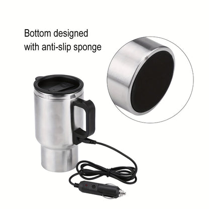 12V Car Electric Heating Travel Mug 450ml, Stainless Steel Car Electric Kettle with Cigarette Lighter Plug, 65°C Keep Warm Coffee Mug Heater for Road Trip Camping
