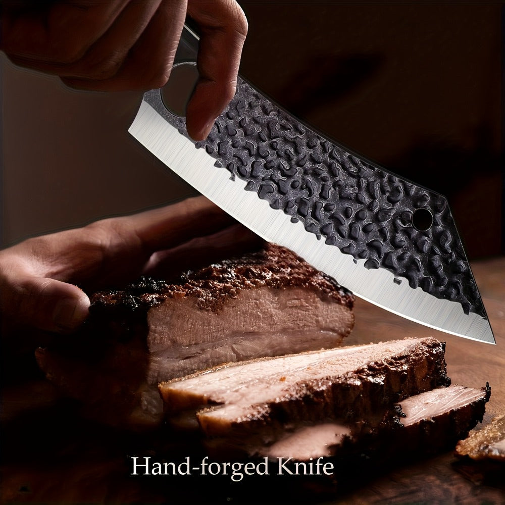Butcher Knife 8 Inch Hand Forged High Carbon Steel Cleaver – Meat & Vegetable Chopping Knife with Finger Hole, Wooden Handle