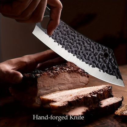 Butcher Knife 8 Inch Hand Forged High Carbon Steel Cleaver – Meat & Vegetable Chopping Knife with Finger Hole, Wooden Handle