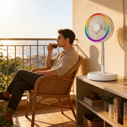Portable Fan Foldable USB Rechargeable 3600mAh | 4-Speed Remote Control Tower Fan with 7-Color Ambient LED Light Low Noise | Expandable Cordless Fan for Office Bedroom Travel Camping Dorm | Pink White