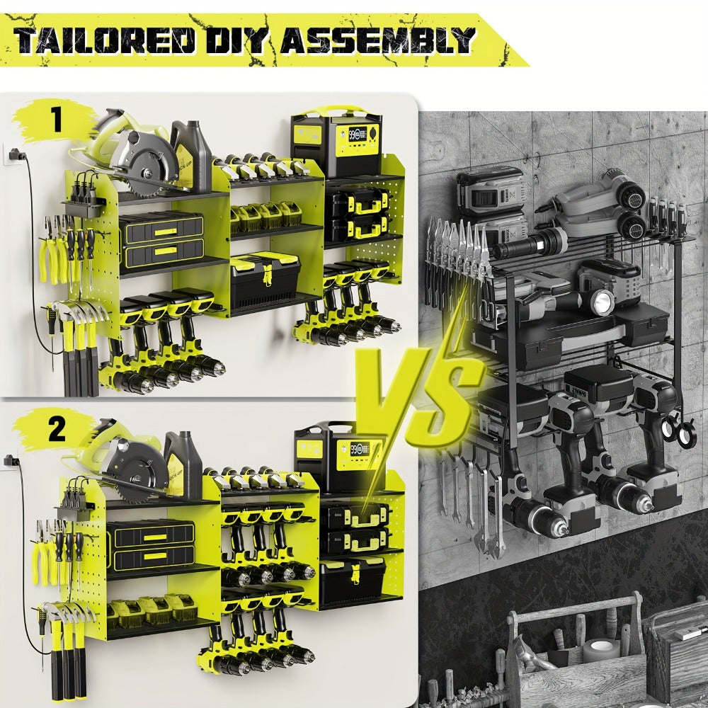 Power Tool Organizer Wall Mount with Charging Station | 3-Layer Cordless Drill Holder Storage Rack 45.5 Inch Heavy Duty – Adjustable Garage Tool Shelf for Workshop & Tool Room