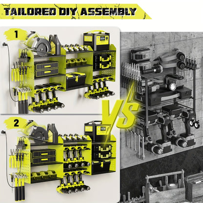 Power Tool Organizer Wall Mount with Charging Station | 3-Layer Cordless Drill Holder Storage Rack 45.5 Inch Heavy Duty – Adjustable Garage Tool Shelf for Workshop & Tool Room