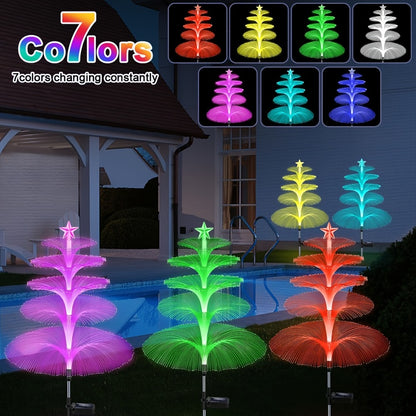 Solar Christmas Tree Lights Fiber Optic Star, 7-Color LED IP65 Waterproof Garden Stake Lights — 2 or 5 Layer Star for Lawn, Pathway, Patio & Holiday Decor | 2, 4 or 6 Pack