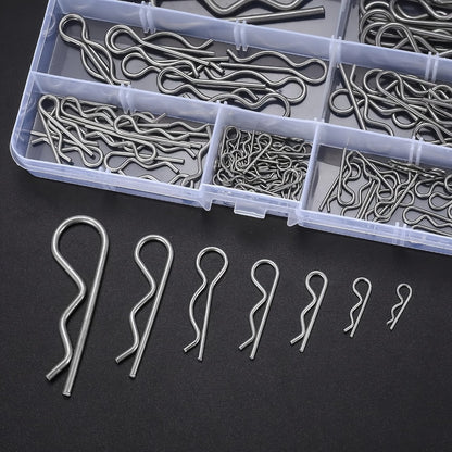 100pcs Stainless Steel R Cotter Pin Assortment Kit – R-Clip Spring Retaining Pins 7 Sizes for Trailer Hitch Automotive Marine Lawn Mower & Agricultural Machinery