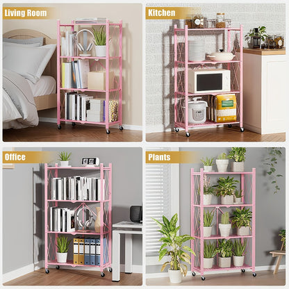 Foldable Storage Rack with Lockable Wheels 3 4 5 Tier Carbon Steel No Assembly Space Saving Floor Standing Shelf for Bedroom Balcony Garden