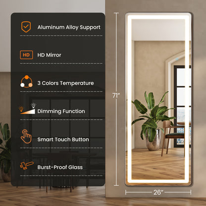 Full Length Mirror Floor Standing with LED Light - Arched & Rect Aluminum Frame Dressing Mirror for Bedroom Living Room, Black/Golden/White