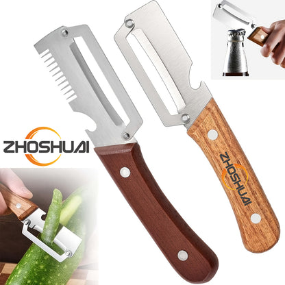 Stainless Steel Vegetable Peeler Set 2pcs – Multi-functional Kitchen Peeler with Scallion Cutter, Straight Blade, Wooden Handle & Bottle Opener