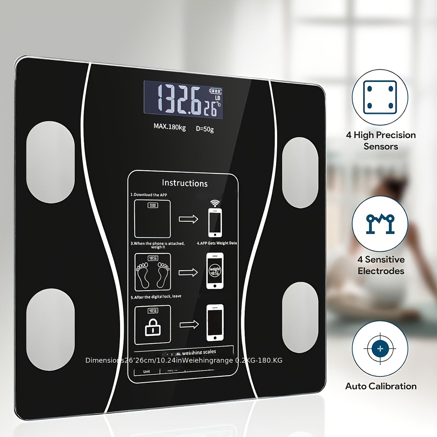 Digital Bathroom Scale Body Weight Scale LED Backlit Display Tempered Glass 400lb Capacity Compact