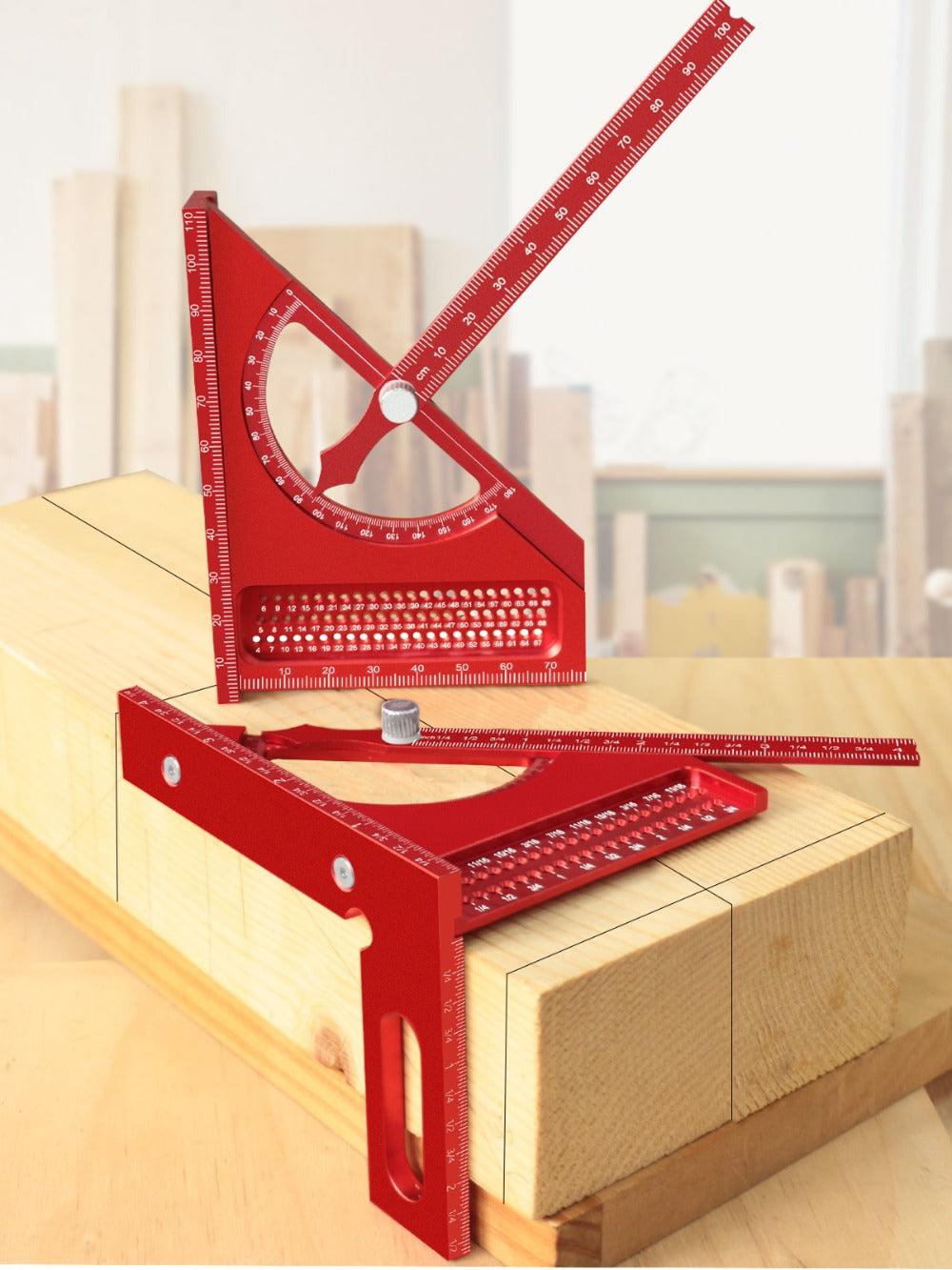 Adjustable 3D Carpentry Square Set 180° Rotating Aluminum Alloy Triangle Ruler T-Square with Scribing Holes Red Black Markings Woodworking Measurement Tool