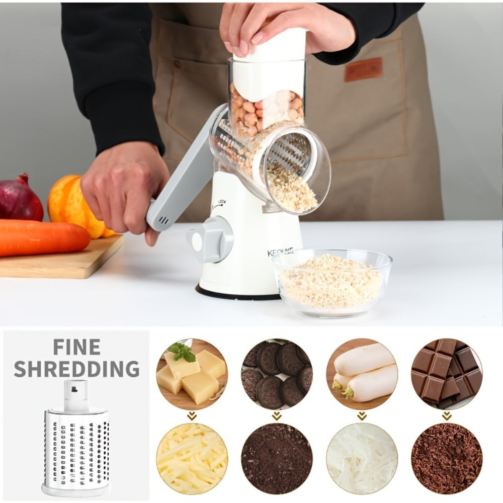 Rotary Cheese Grater with Hand Crank – 3 Interchangeable Blades for Cheese, Vegetables & Nuts, Non-Slip Suction Base, Includes Cleaning Brush – Manual Cheese Shredder for Kitchen (6 Colors)