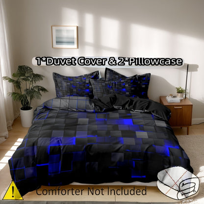 Duvet Cover Set Queen King Twin Full 3D Geometric Cube Print | 3-Piece Polyester Bedding Set | Black Blue Grid Pattern | All-Season Soft Quilt Cover + 2 Pillowcases | Machine Washable