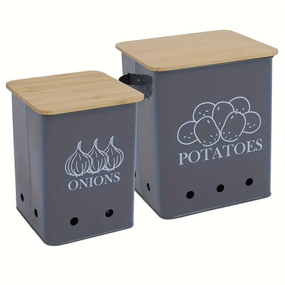 Kitchen Storage Canister Potato Onion Storage Bin Aerating Ventilation Holes Wooden Lid Multipurpose Kitchen Organizer for Onion Potato Fruit Vegetable Black White Grey Green