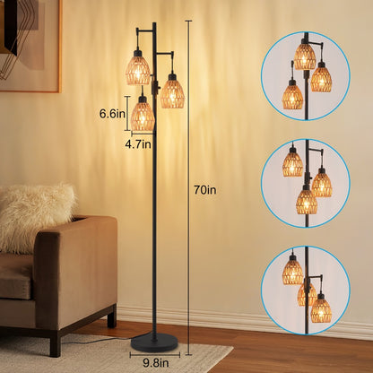 Boho Rattan Floor Lamp Dimmable – 3-Light Stepless Dimming Standing Lamp with Natural Rattan Shade & Metal Base for Living Room, Bedroom, Dining Room – Warm Bohemian Home Lighting
