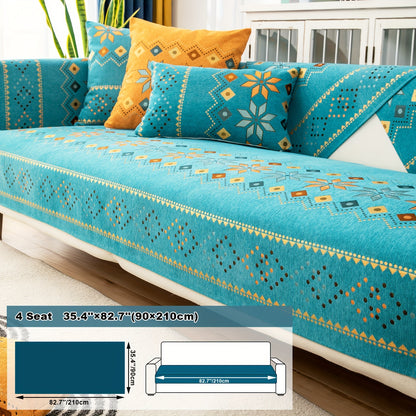 Bohemian Chenille Sofa Cover | Geometric Print Non-Slip Couch Slipcover, Thick Plush Boho Style, 1 to 4 Seat, Armrest & Backrest, Machine Washable, Sectional Sofa Protector