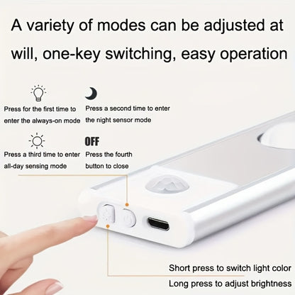 Motion Sensor LED Strip Light USB Rechargeable – 3-Color Dimmable Wireless Night Light for Kitchen, Wardrobe, Cabinet, Shoe Cabinet & Bedroom (20cm / 30cm / 40cm / 50cm, 1 or 2 Pack)
