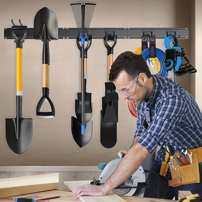 Garage Tool Organizer Wall Mount 48" – Heavy Duty Pegboard with Adjustable Swivel Hooks, 1 Double Hook & 5 Straight Hooks, Holds 420lbs, Broom Holder for Yard Tools, Shovels, Hoses & Garden Equipment