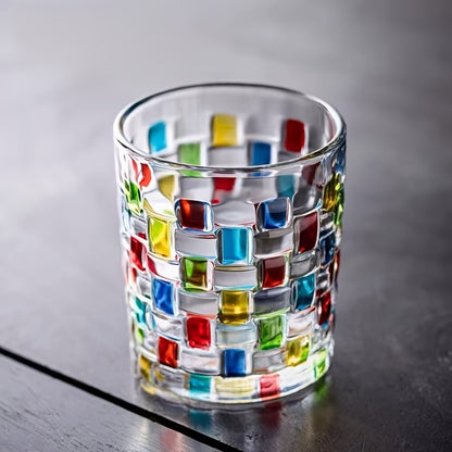 Hand-Painted Drinking Glasses Set – Colorful Square Lattice Woven Handcrafted Glass for Water, Juice, Whiskey & Beer – Artistic Decorative Glassware for Home Bar & Entertaining – 2pc or 4pc