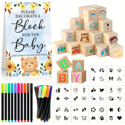 Wooden Block Stacking Game Party Kit 51pcs 30pcs – Baby Shower Tumbling Tower Decoration Sign Set Classic Flower Greenery Fox Bear Style No Electricity