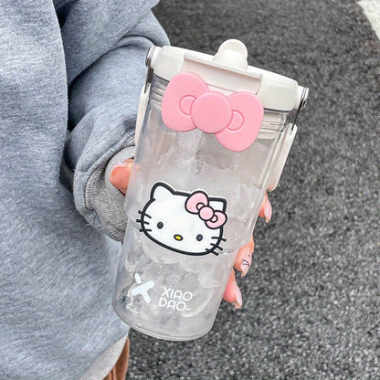 Hello Kitty Water Bottle with Straw 30 Oz – Large Capacity Cartoon Tumbler for Women & Girls – Portable Outdoor Sports Cup with Bow & Sticker – Cute Kawaii Plastic Drinkware Gift