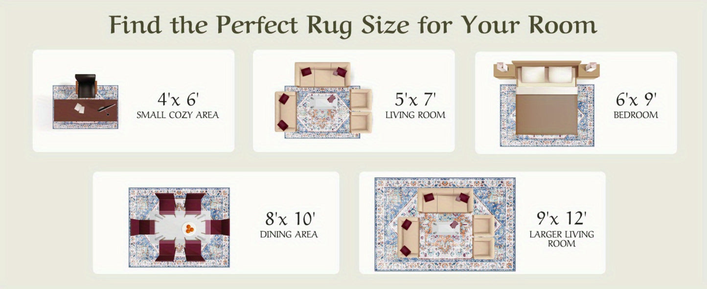 Vintage Persian Area Rug Machine Washable Non-Slip Non-Shedding Floral Indoor Carpet for Living Room Bedroom in Multiple Colors and Sizes