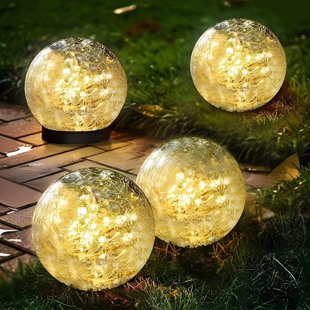 Solar Garden Lights Cracked Glass Ball – LED Outdoor Decorative Solar Lawn Lights IP44 Waterproof with Ground Stake for Garden, Yard, Pathway & Lawn – Set of 2 or 4