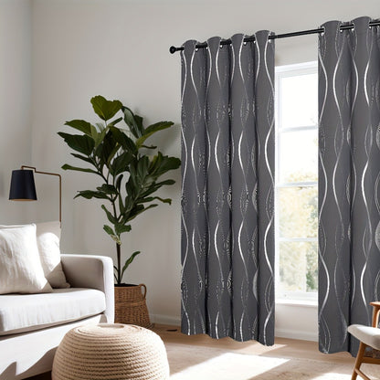 Thermal Insulated Blackout Curtains 2 Panels Wave Line Foil Print Noise Reducing Room Darkening Drapes for Bedroom Living Room Patio Sliding Glass Door