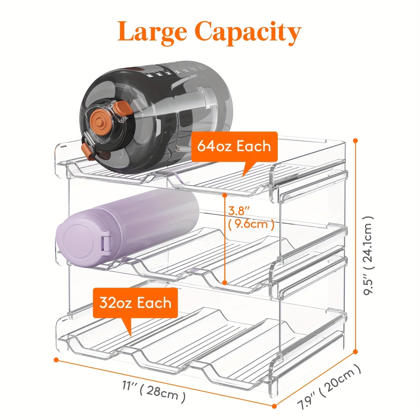 Stackable Water Bottle Organizer for Cabinet & Kitchen Pantry – Tumbler Travel Mug Cup Holder, Plastic Fridge Wine Rack, Holds 5/6/8/9/11/12 Bottles