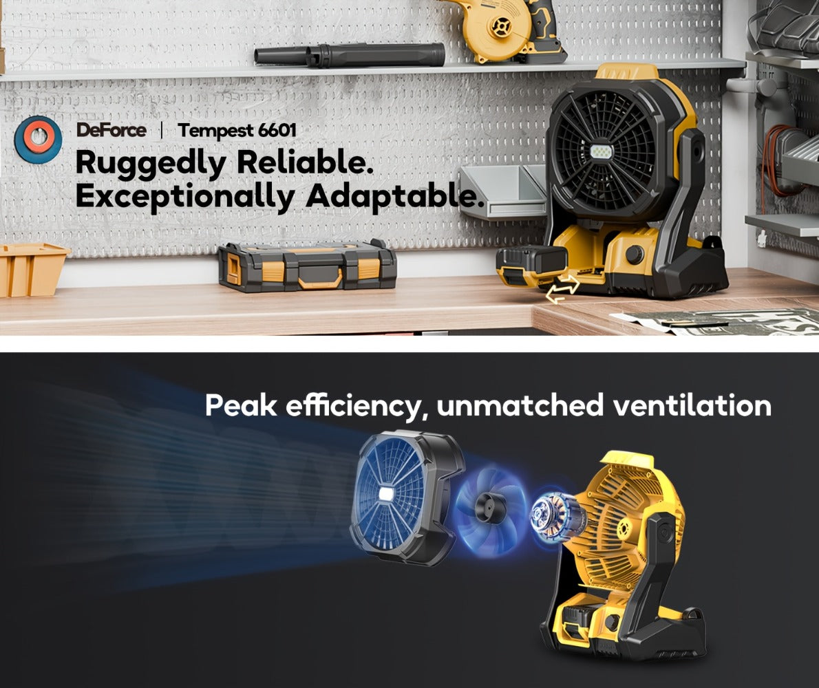 Cordless Jobsite Fan Compatible with DeWalt 20V Max Battery, LED Light Auto Oscillating 180° Tilt Adjustable Speed, Portable Battery Powered Fan with Hanging Hook for Camping, Garage and RV