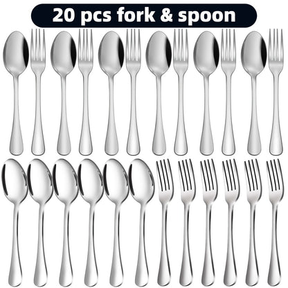 Stainless Steel Flatware Cutlery Set – Mirror Polished, Dishwasher Safe, Silver & Black Options, Service for 4 / 8 / 12 – Kitchen Utensil Set for Home, Restaurant & Wedding Gift