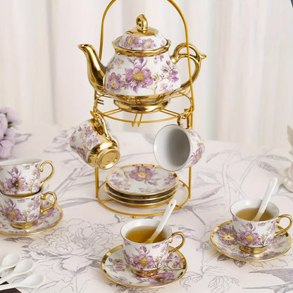20-Piece Floral Ceramic Tea Set with Saucers & Metal Stand | European Afternoon Tea Service, Blooming Design, Complete Tea Accessories, Gift for Tea Lovers