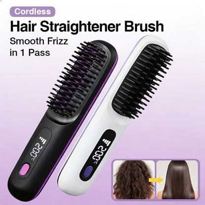 Cordless Hair Straightening Brush – Mini Rechargeable Portable Straightener Comb for Travel Daily Styling, Fast Heating Anti-Scald Frizz Control for All Hair Types, Black & White