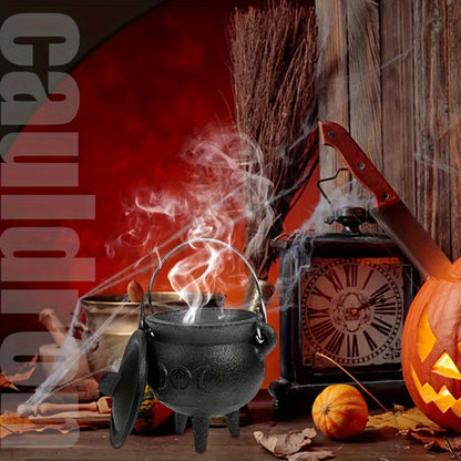 Cast Iron Cauldron with Lid & Handle – Witchcraft Incense Burner, Spell Ritual Pot, Halloween Decor, Pentagram & Triple Moon Styles, Pagan Altar Cauldron