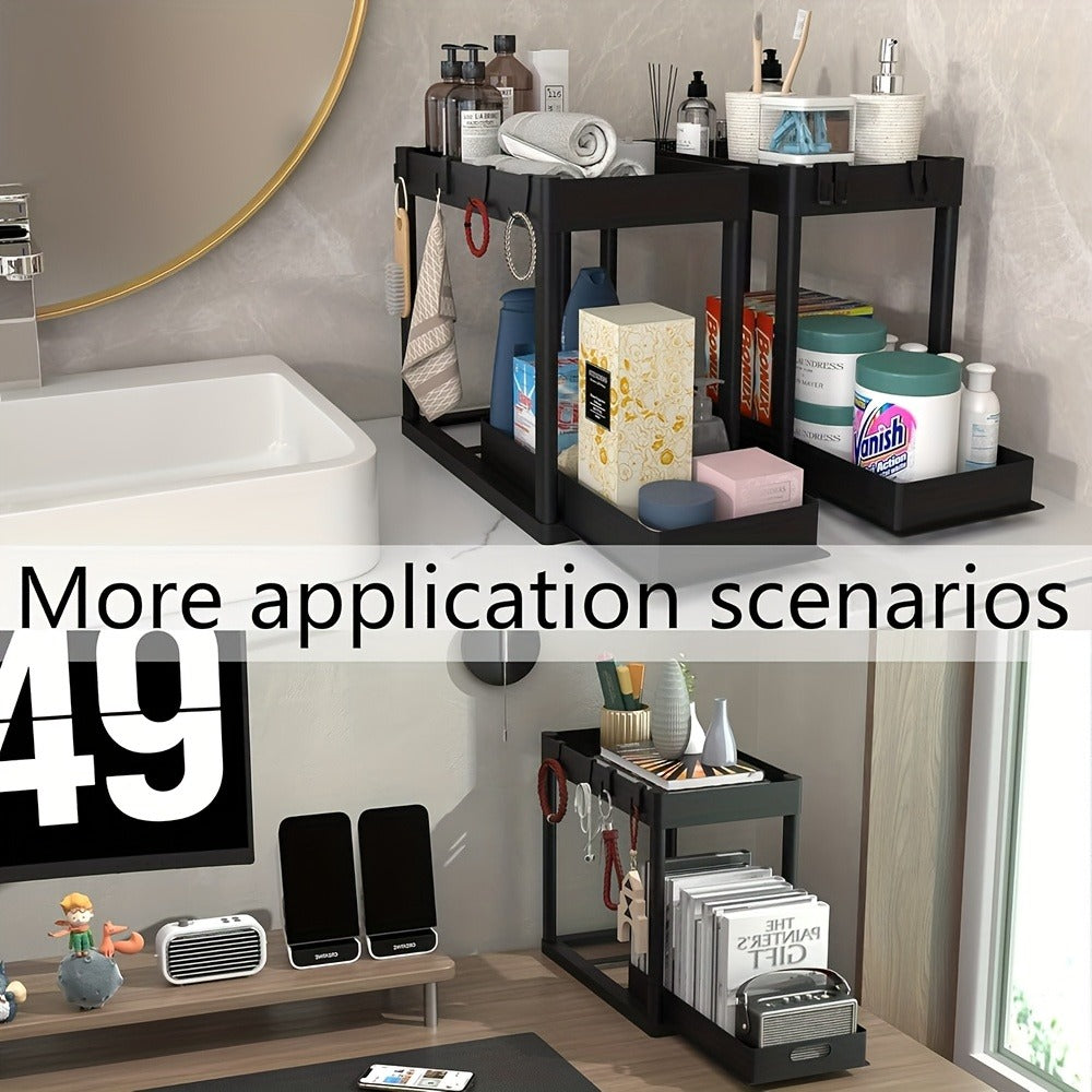 Under Sink Organizer Set of 2 – Dual Tier Sliding Basket Drawers with 8 Hooks Kitchen Bathroom Cabinet Storage