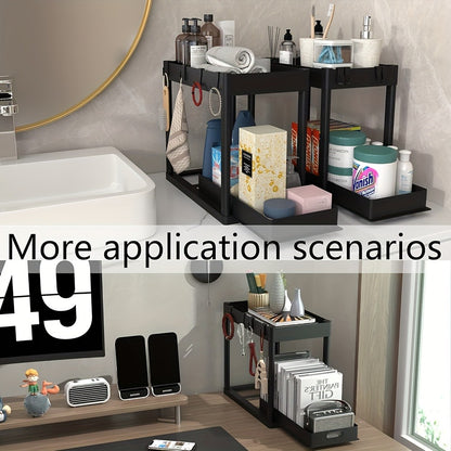 Under Sink Organizer Set of 2 – Dual Tier Sliding Basket Drawers with 8 Hooks Kitchen Bathroom Cabinet Storage
