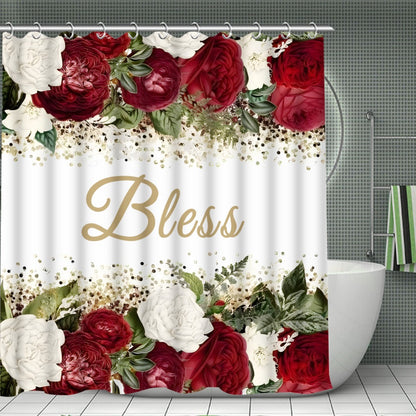 Rose Print Shower Curtain 4-Piece Bathroom Set – Toilet Lid Cover Mat Machine Washable with 12 Hooks Elegant Floral Decor