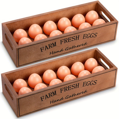 Farmhouse Wooden Egg Holder Rack 2pcs - 24 Egg Storage Display with Handle for Kitchen, Farm, Easter