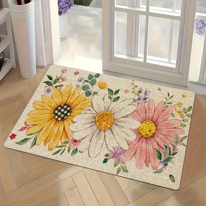 Sunflower Daisy Doormat Floral Welcome Mat Flannel Non-Slip Rug for Front Door Entryway Bathroom Kitchen, Spring Summer Seasonal Decor, 10mm Thick, Single & Set Options