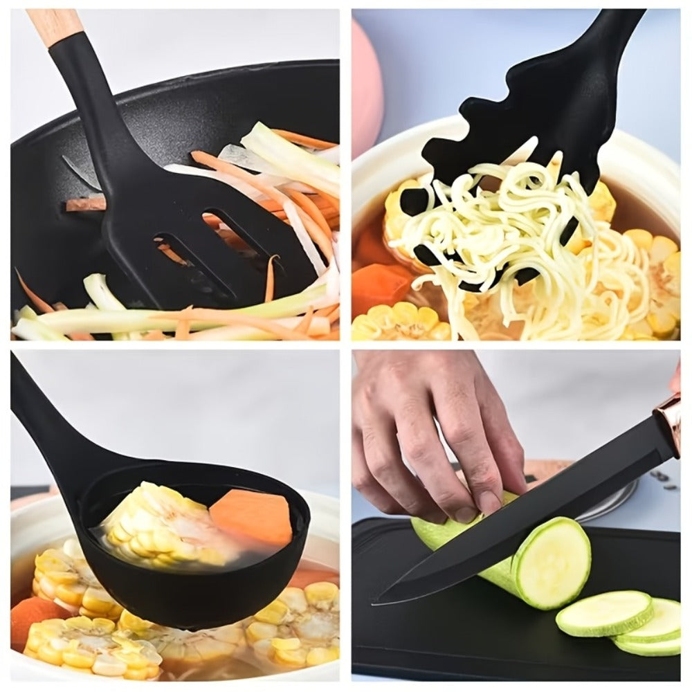 19-Piece Non-Stick Silicone Cookware Set with Bamboo Storage, Knives & Wooden Handle – Pots, Pans & Utensils for Induction & Oven