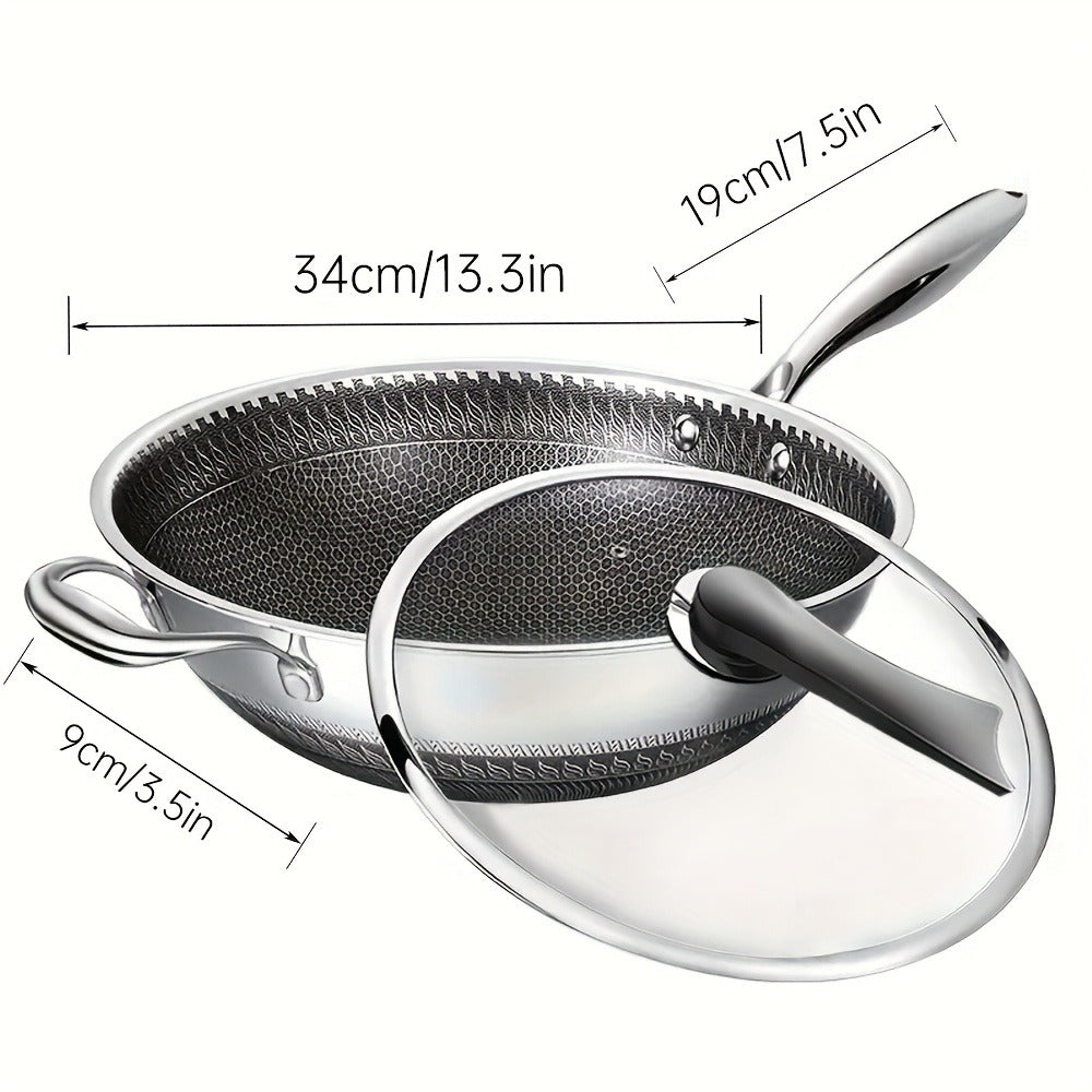 Stainless Steel Wok Set 13.3 Inch Non-stick Honeycomb Design with Lid & 2 Cookware Accessories – Induction Compatible Cooking Pan for Electric Ceramic Gas Stove, Dishwasher Safe